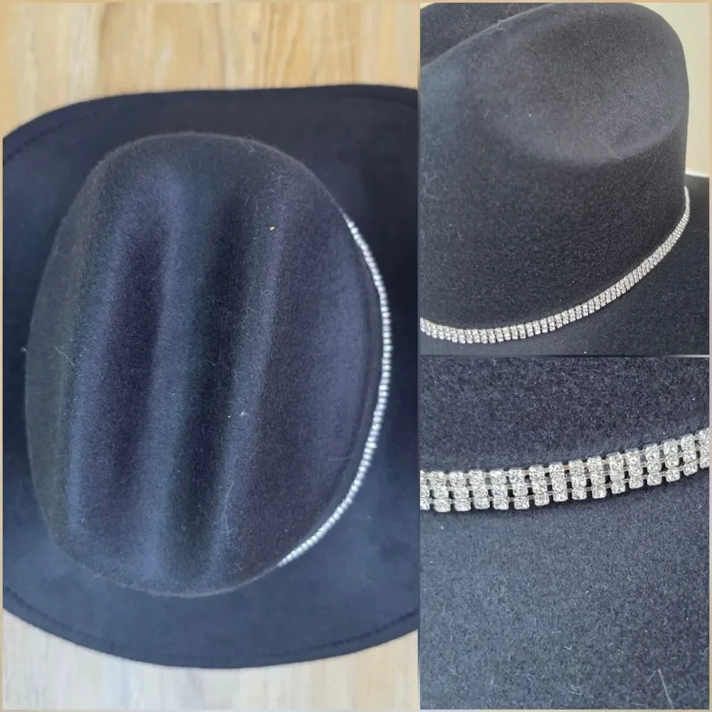 ☔️🩵Black & Rhinestone Band Wide Brim Cowgirl Hat Medium - Picture 11 of 15
